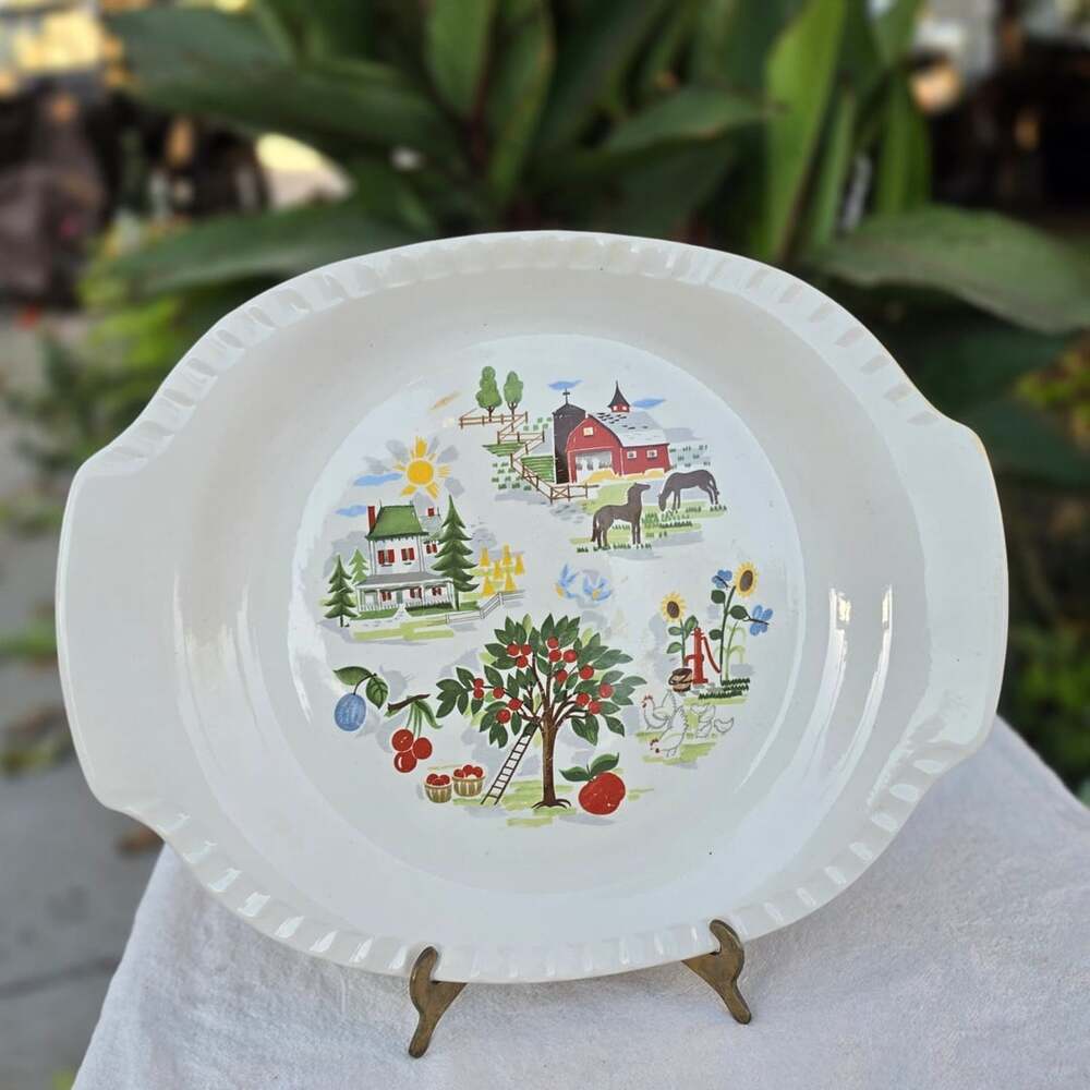 Vintage Harmony House Farmer in the Dell 53W Farm Scene Serving Platter